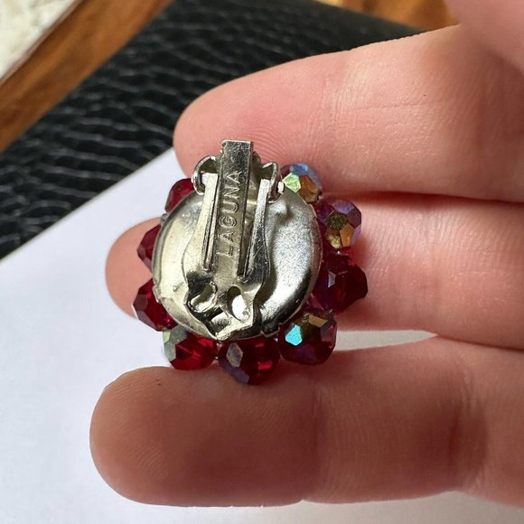 Signed Laguna - Red Crystal Bead Cluster Clip-on Clip On Earrings - Picture 2 of 8